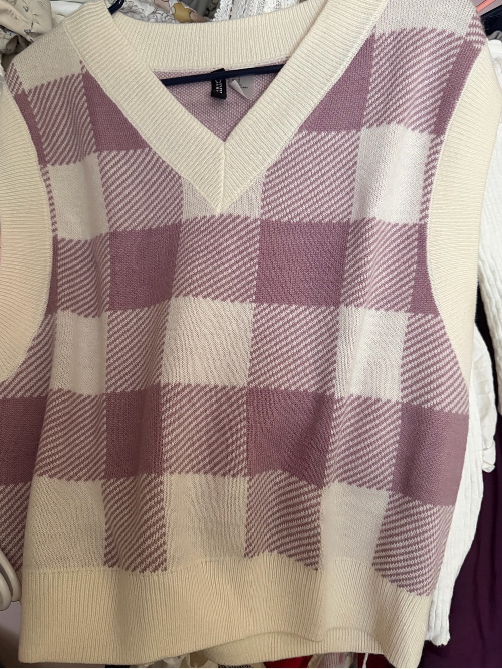 Cream and Mauve Checkered Knit Vest